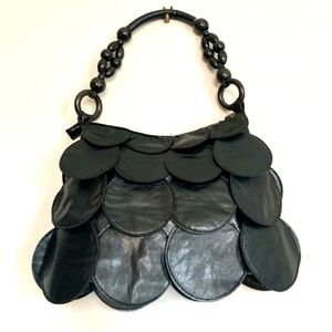 Black Faux leather handbag, purse, shoulder bag, beaded handle w/wooden rings